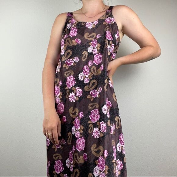 Vintage 90s Women’s 100% Silk Pink Brown Floral Maxi Nightgown Slip Dress Sz L - Picture 2 of 10